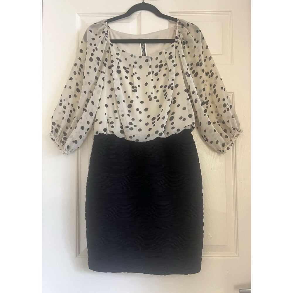 Julian Taylor Dress 10 EUC Polka Dot Blouson Chiffon Textured Sheath Retro Chic